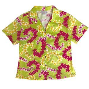 Pacific Legend‎ Womens Floral Hawaiian Shirt Small Green Pink Resort Vacation